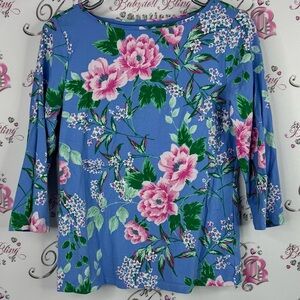 Talbots Blue Floral Blouse with Pink and Green Accents flowers stretchy top